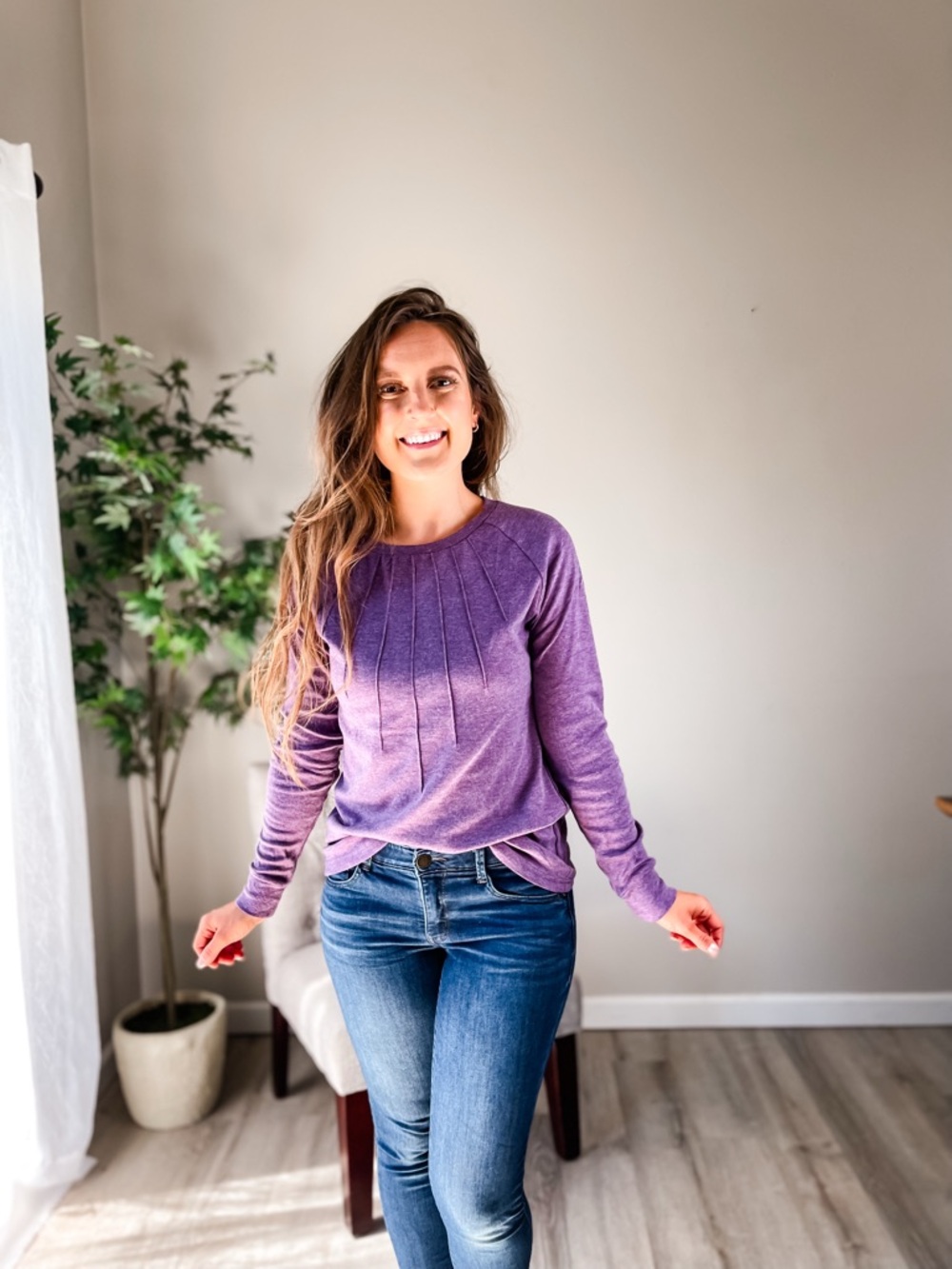zeagoo Purple Crewneck Pleated Knit Sweater